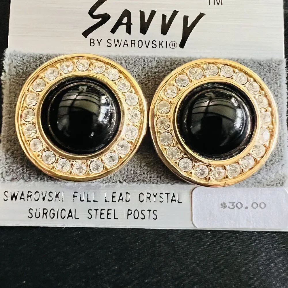 Vintage Swarovski SAL Savvy Gold Black Jet Cabochon Clear Crystal Earrings